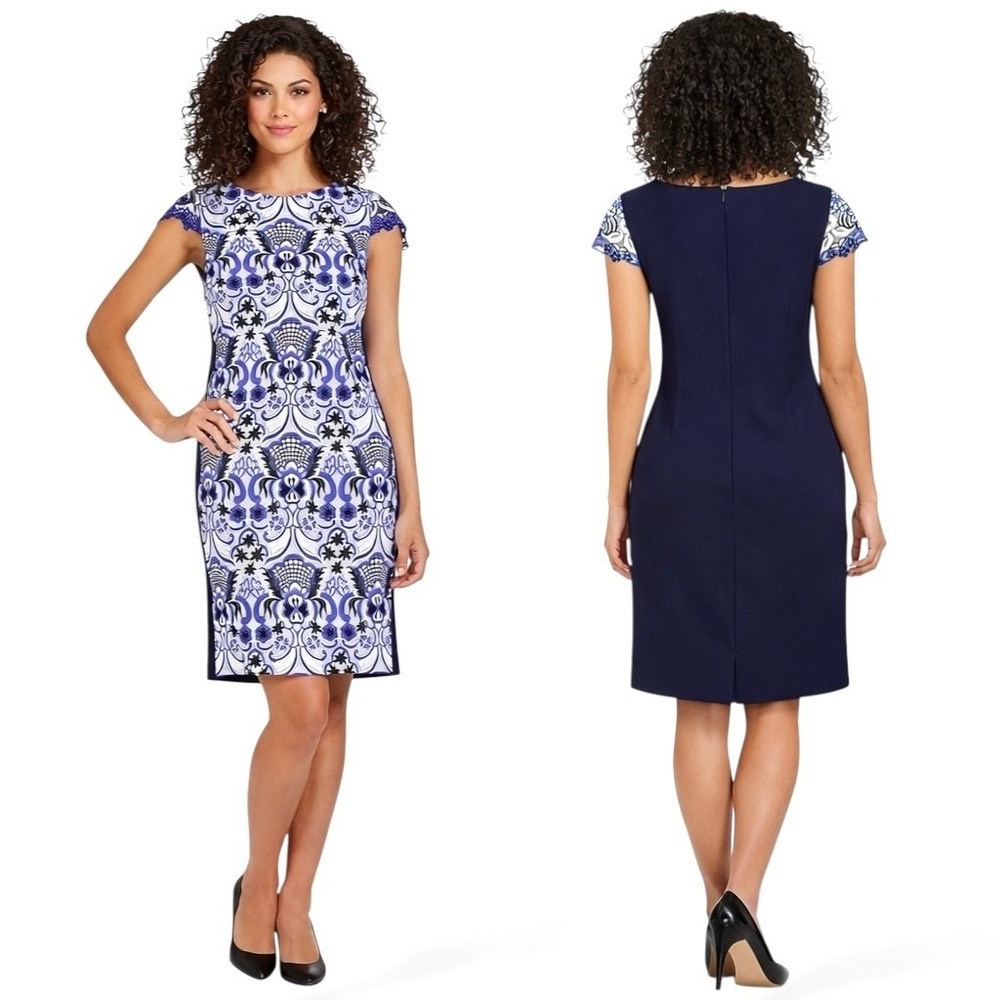 NWT Antonio Melani Embroidered Sheath Dress Size 10 Patterned Blue‎ Ivory Floral